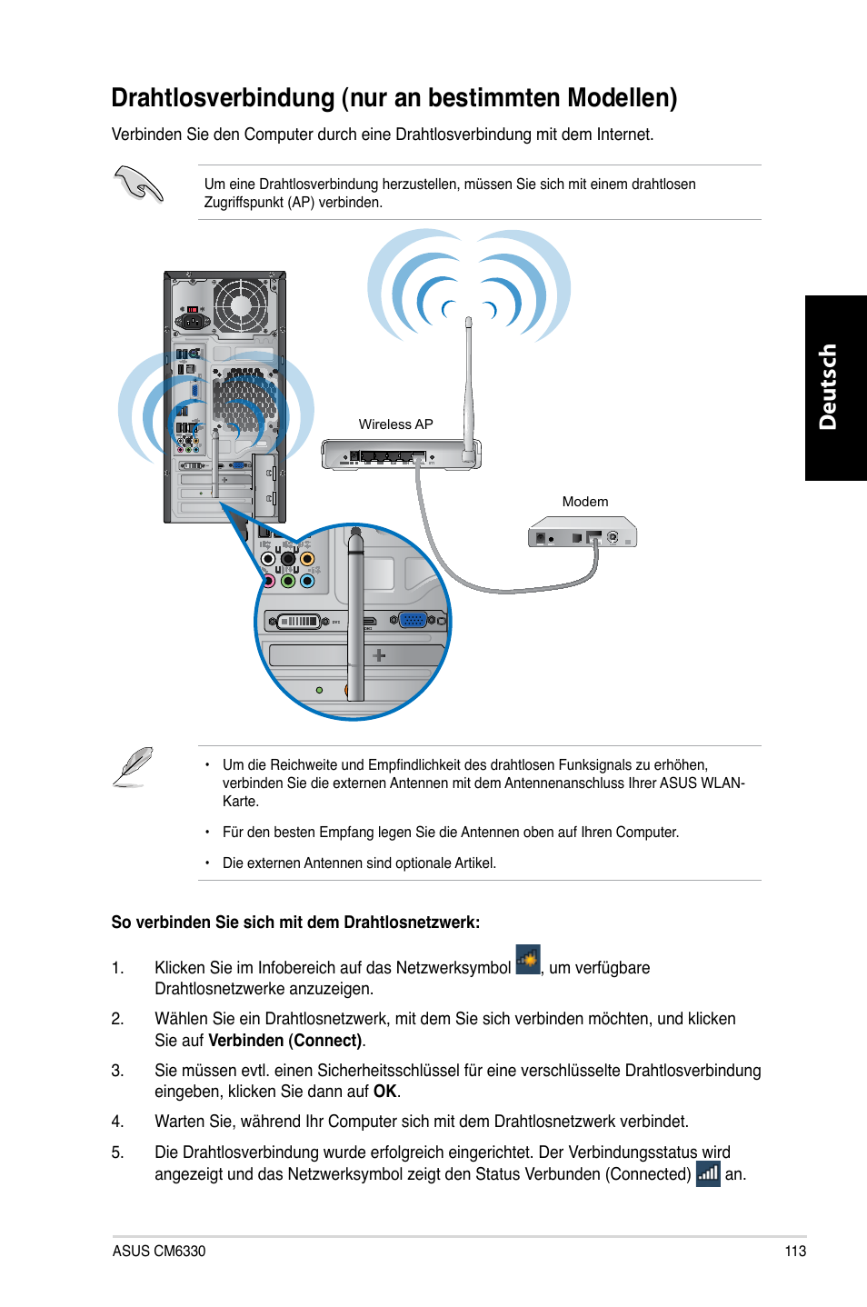 Drahtlosverbindung (nur an bestimmten modellen), Drahtlosverbindung.�nur.an.bestimmten.modellen, Deutsch d eutsch | Asus CM6330 User Manual | Page 115 / 494