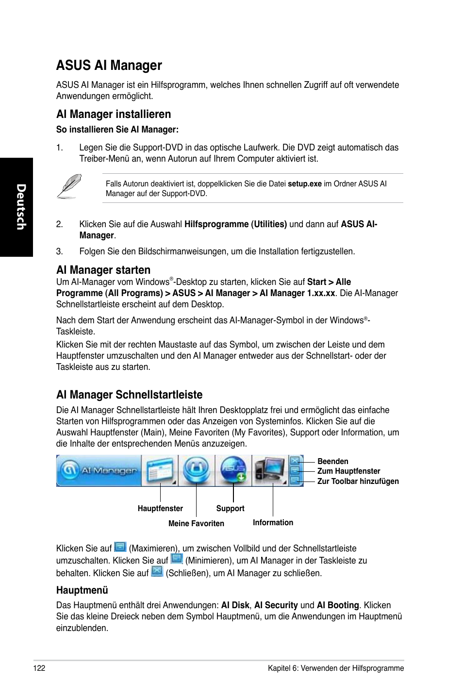 Asus ai manager, Asus.ai.manager, Deutsch d eutsch d eutsch d eutsch | Ai.manager.installieren, Ai.manager.starten, Ai.manager.schnellstartleiste | Asus CM6330 User Manual | Page 124 / 494