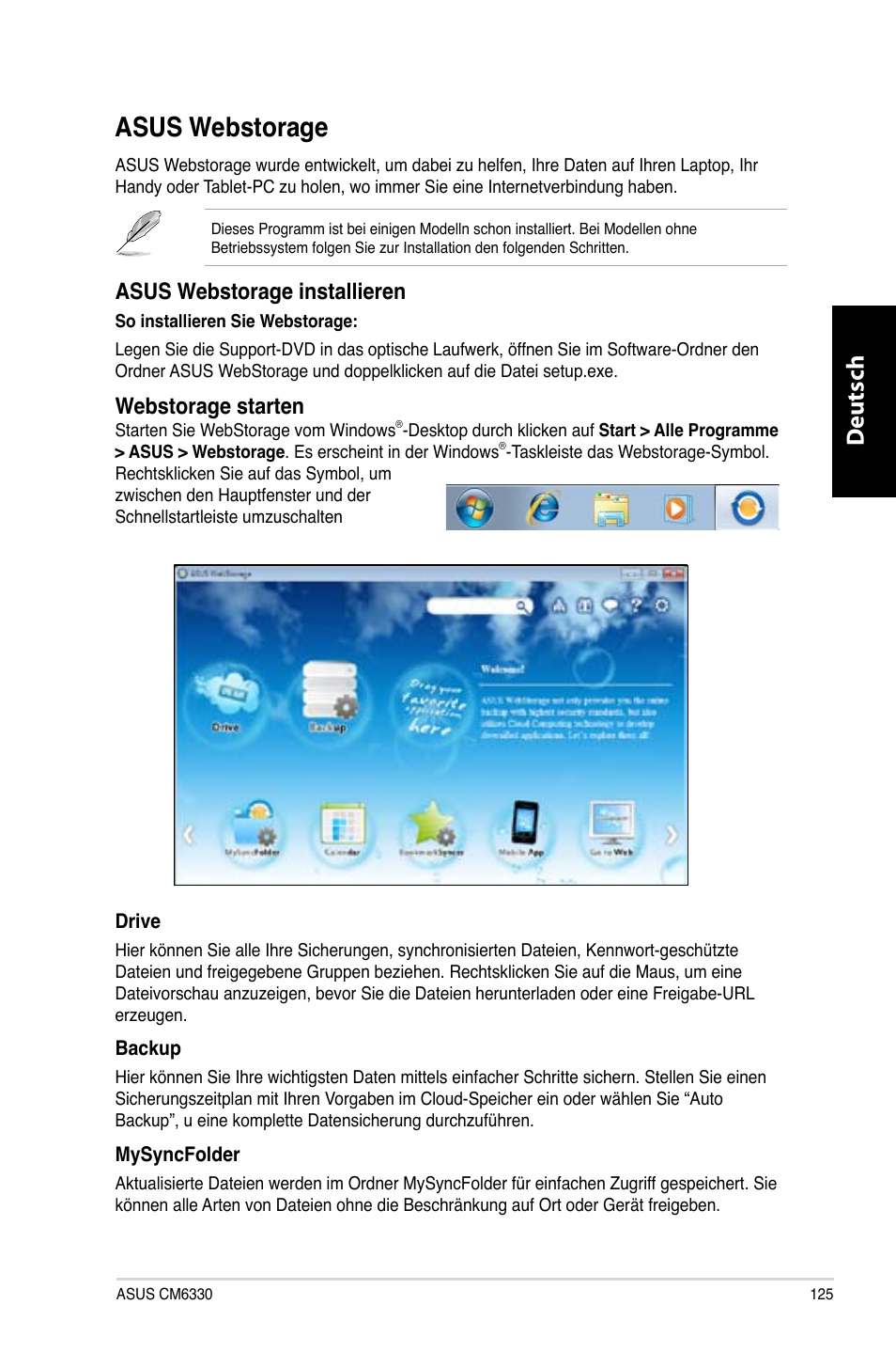 Asus webstorage, Asus webstorage 5, Asus.webstorage | Deutsch d eutsch, Asus.webstorage.installieren, Webstorage.starten | Asus CM6330 User Manual | Page 127 / 494
