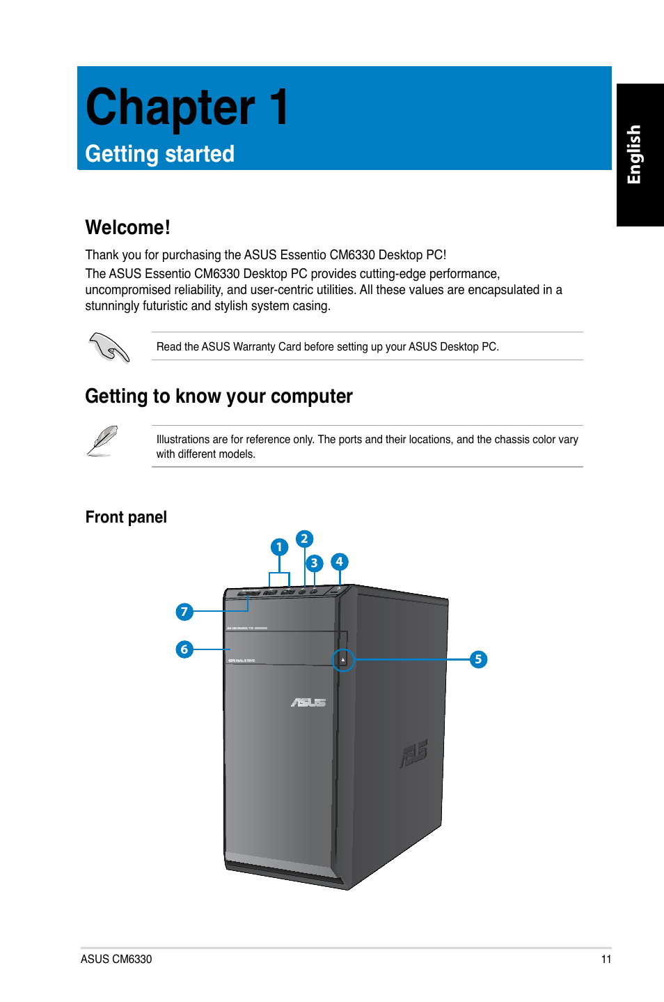 Chapter 1, Getting started, Welcome | Getting to know your computer, Chapter.1, Getting.started, Welcome! getting to know your computer | Asus CM6330 User Manual | Page 13 / 494
