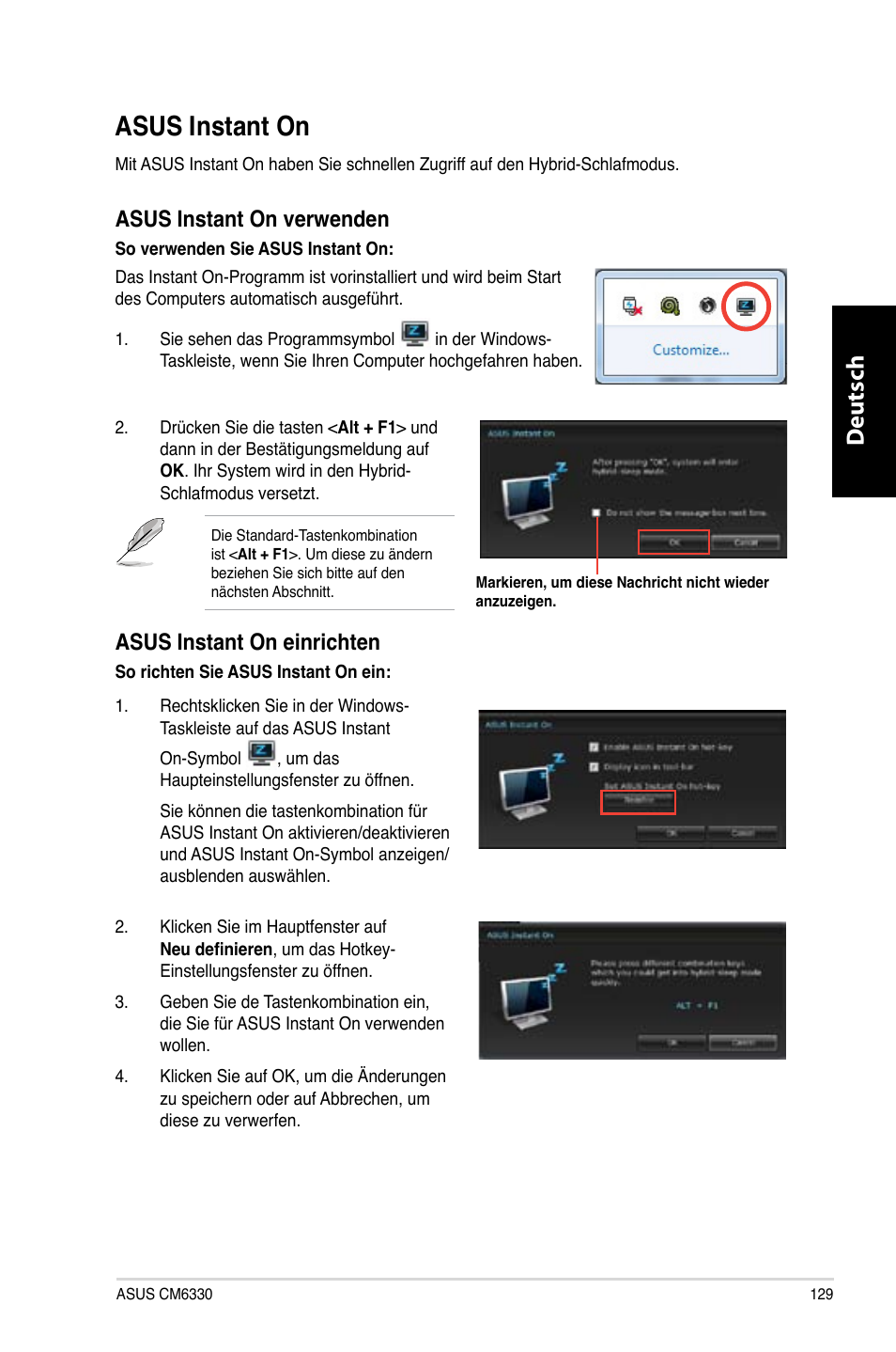 Asus instant on, Asus instant on 9, Asus.instant.on | Deutsch d eutsch, Asus.instant.on.verwenden, Asus.instant.on.einrichten | Asus CM6330 User Manual | Page 131 / 494