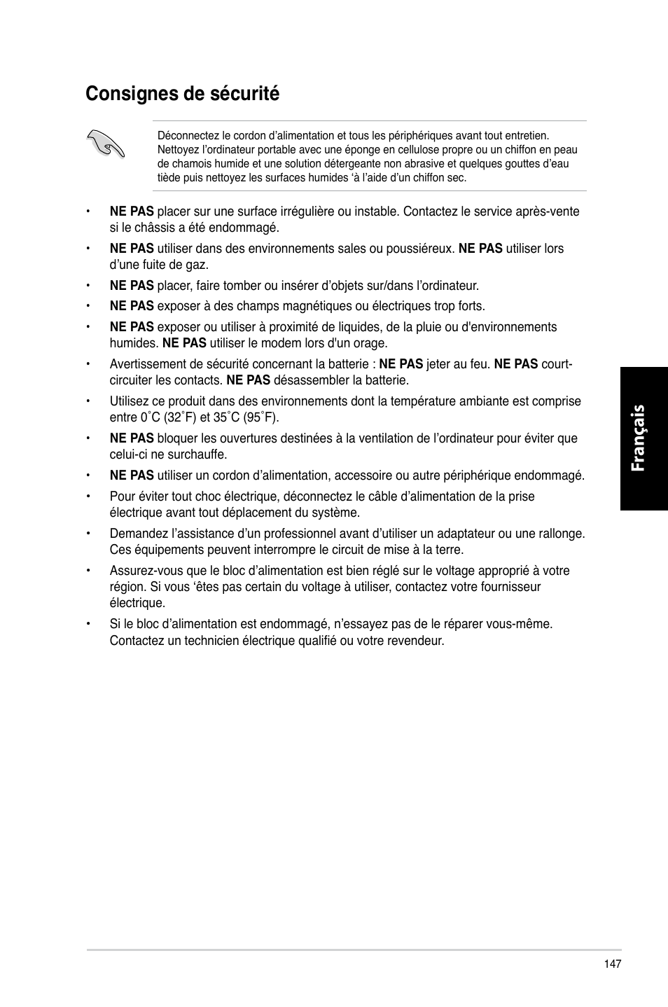 Consignes de sécurité, Consignes.de.sécurité, Fr ançais fr ançais fr ançais fr ançais | Asus CM6330 User Manual | Page 149 / 494