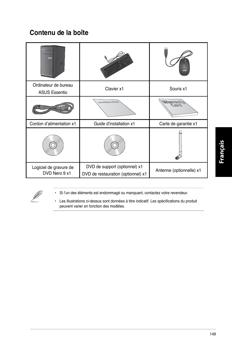 Contenu de la boîte, Contenu.de.la.boîte, Fr ançais fr ançais fr ançais fr ançais | Asus CM6330 User Manual | Page 151 / 494