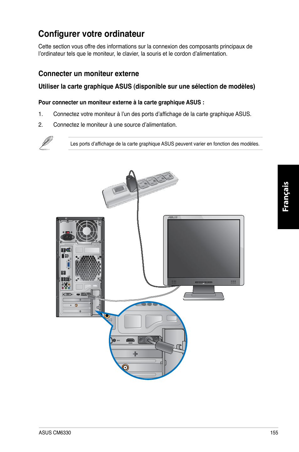 Configurer votre ordinateur, Fr ançais fr ançais, Connecter.un.moniteur.externe | Asus CM6330 User Manual | Page 157 / 494