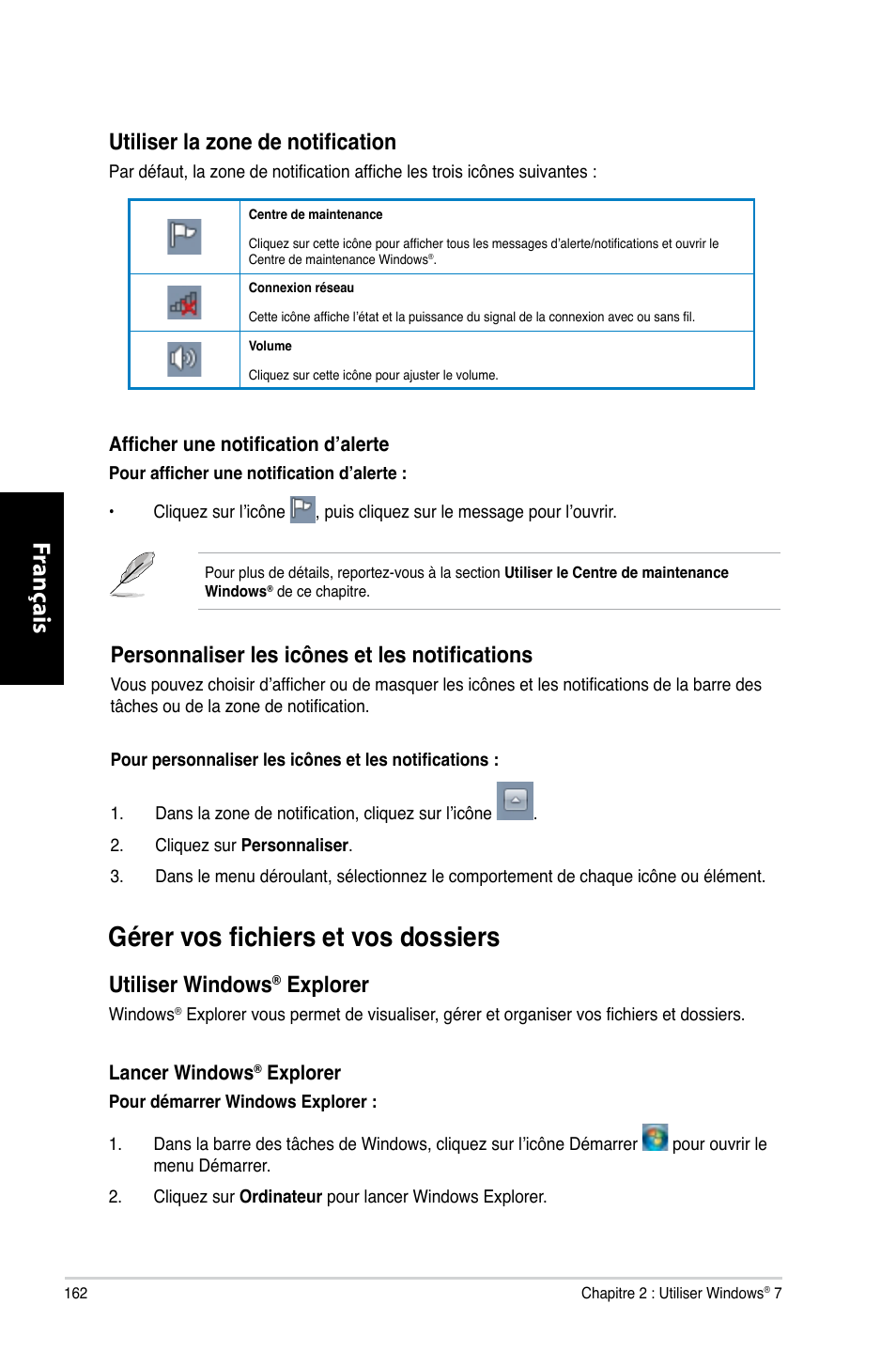 Gérer vos fichiers et vos dossiers, Fr ançais fr ançais fr ançais fr ançais, Utiliser la zone de notification | Personnaliser les icônes et les notifications, Utiliser.windows, Explorer | Asus CM6330 User Manual | Page 164 / 494