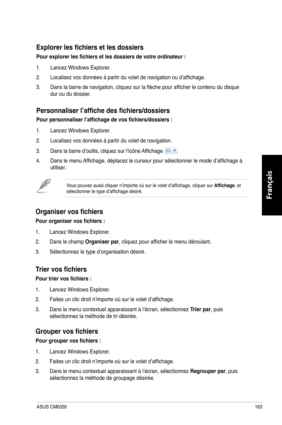 Fr ançais fr ançais, Explorer les fichiers et les dossiers, Personnaliser l’affiche des fichiers/dossiers | Organiser vos fichiers, Trier vos fichiers, Grouper vos fichiers | Asus CM6330 User Manual | Page 165 / 494