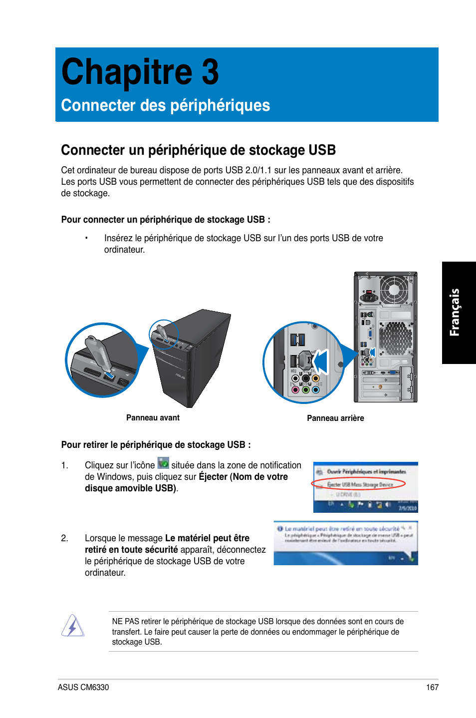 Chapitre 3, Connecter des périphériques, Connecter un périphérique de stockage usb | Chapitre.3, Connecter.des.périphériques, Fr ançais fr ançais | Asus CM6330 User Manual | Page 169 / 494