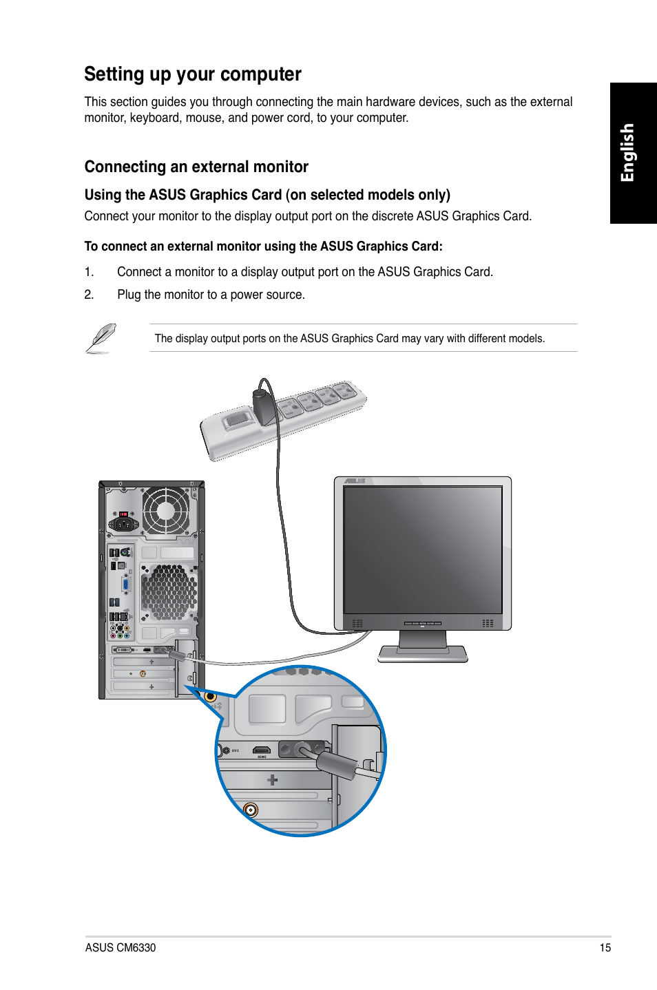 Setting up your computer, English, Connecting.an.external.monitor | Asus CM6330 User Manual | Page 17 / 494