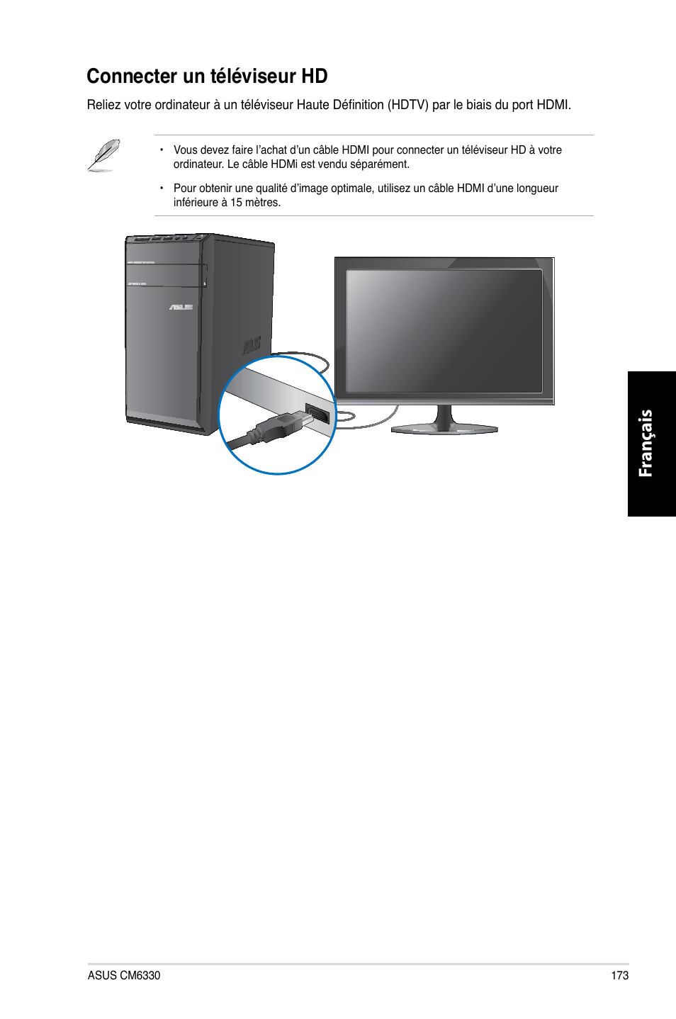 Connecter un téléviseur hd, Connecter.un.téléviseur.hd, Fr ançais fr ançais | Asus CM6330 User Manual | Page 175 / 494