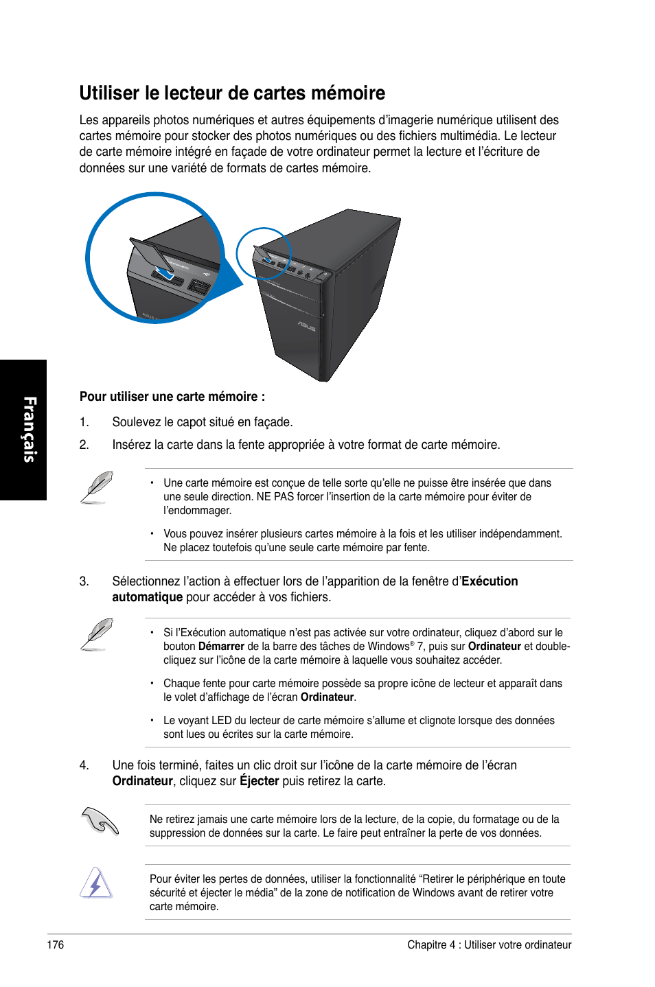 Utiliser le lecteur de cartes mémoire, Utiliser.le.lecteur.de.cartes.mémoire, Fr ançais fr ançais fr ançais fr ançais | Asus CM6330 User Manual | Page 178 / 494
