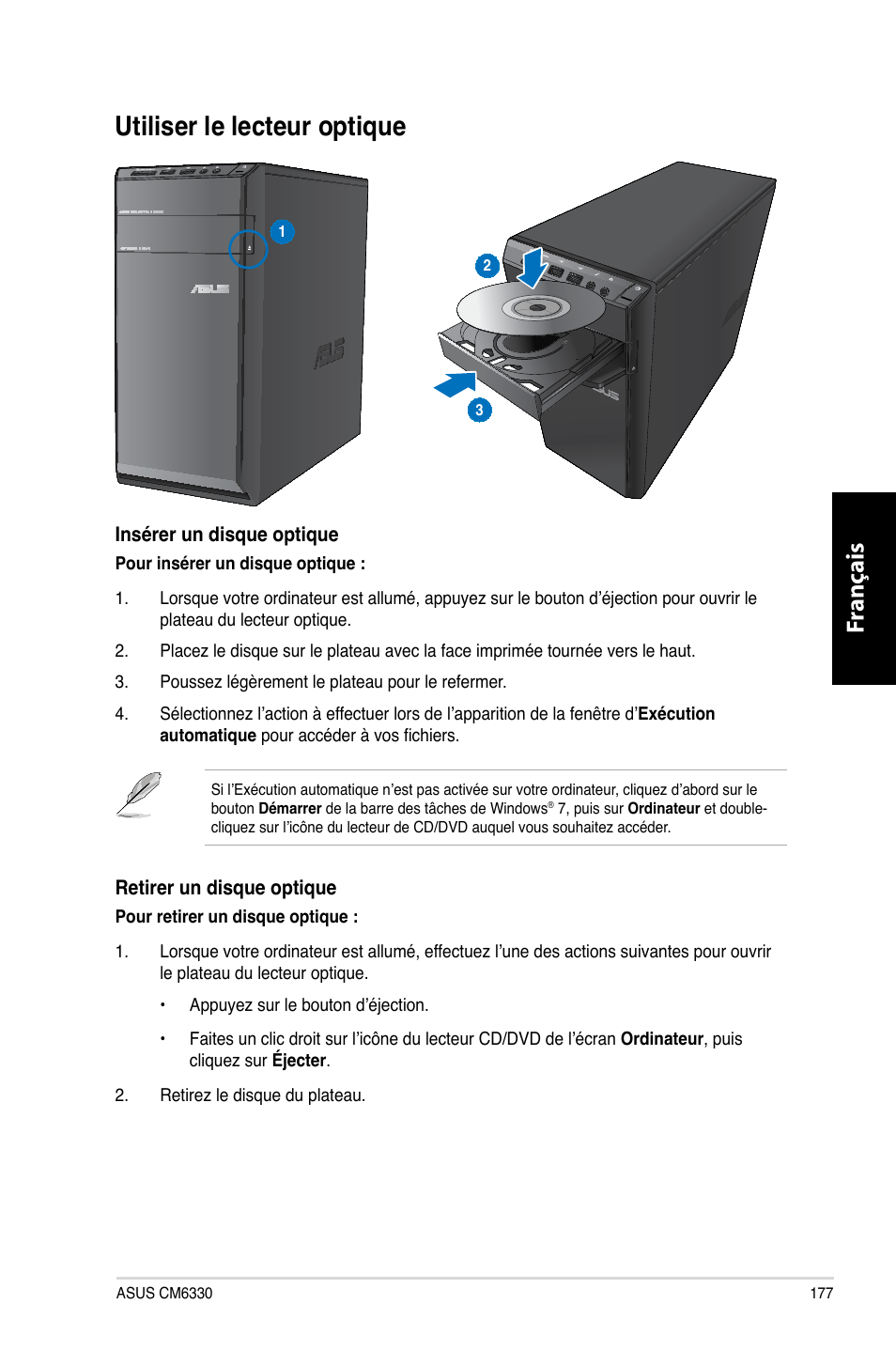 Utiliser le lecteur optique, Utiliser.le.lecteur.optique, Fr ançais fr ançais | Asus CM6330 User Manual | Page 179 / 494