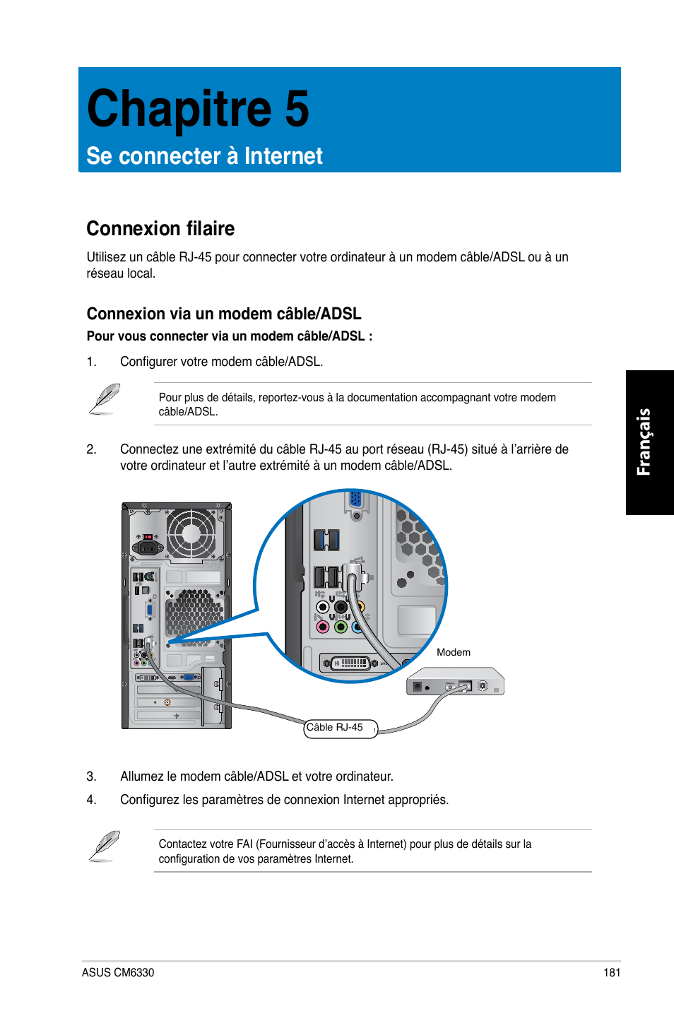 Chapitre 5, Se connecter à internet, Connexion filaire | Chapitre.5, Se.connecter.à.internet, Fr ançais fr ançais, Connexion.via.un.modem.câble/adsl | Asus CM6330 User Manual | Page 183 / 494