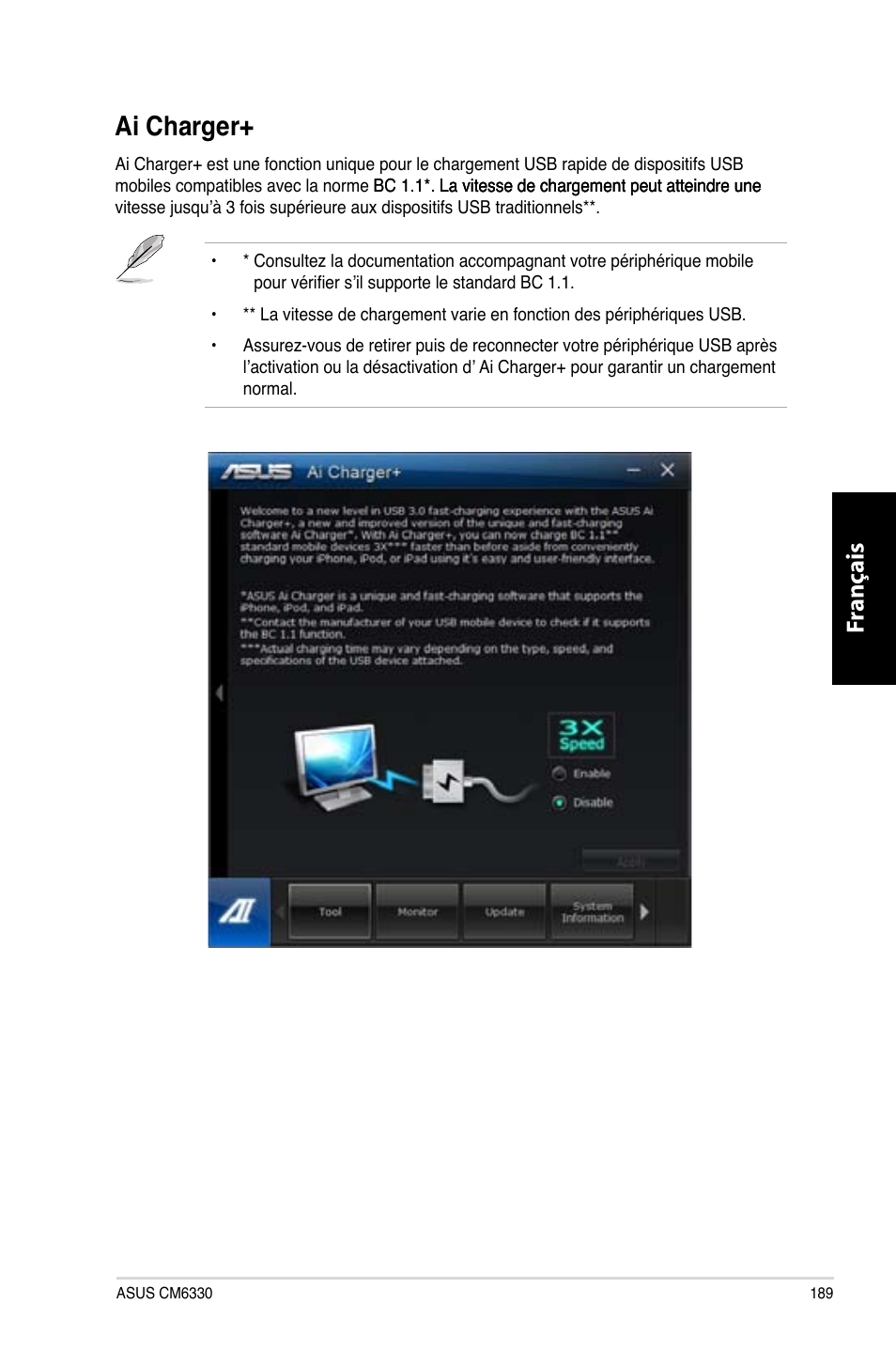 Ai charger, Ai.charger, Fr ançais fr ançais | Asus CM6330 User Manual | Page 191 / 494