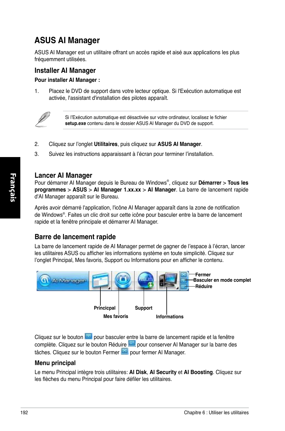 Asus ai manager, Asus.ai.manager, Fr ançais fr ançais fr ançais fr ançais | Barre.de.lancement.rapide, Installer.ai.manager, Lancer.ai.manager | Asus CM6330 User Manual | Page 194 / 494