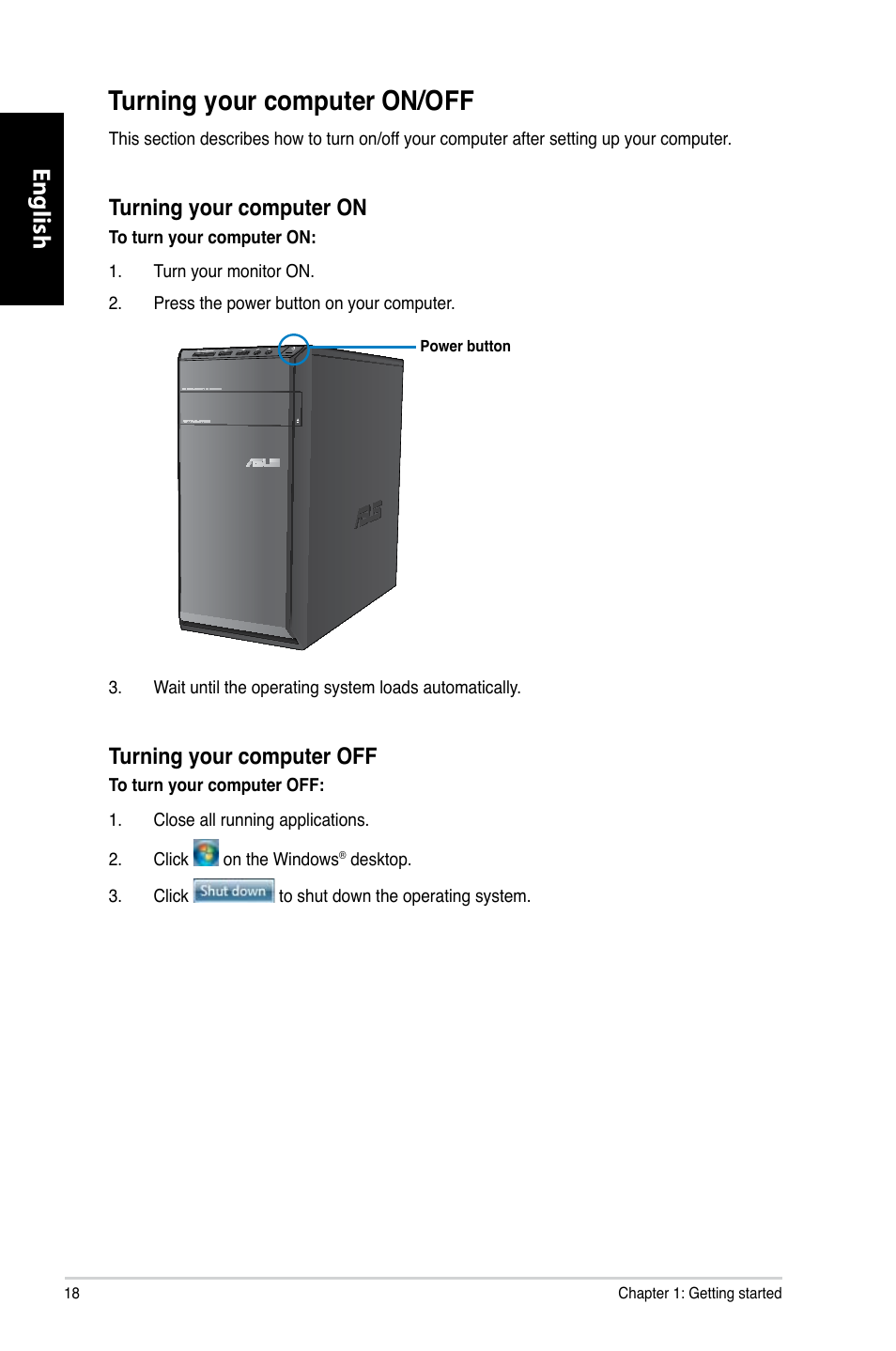 Turning your computer on/off, English | Asus CM6330 User Manual | Page 20 / 494
