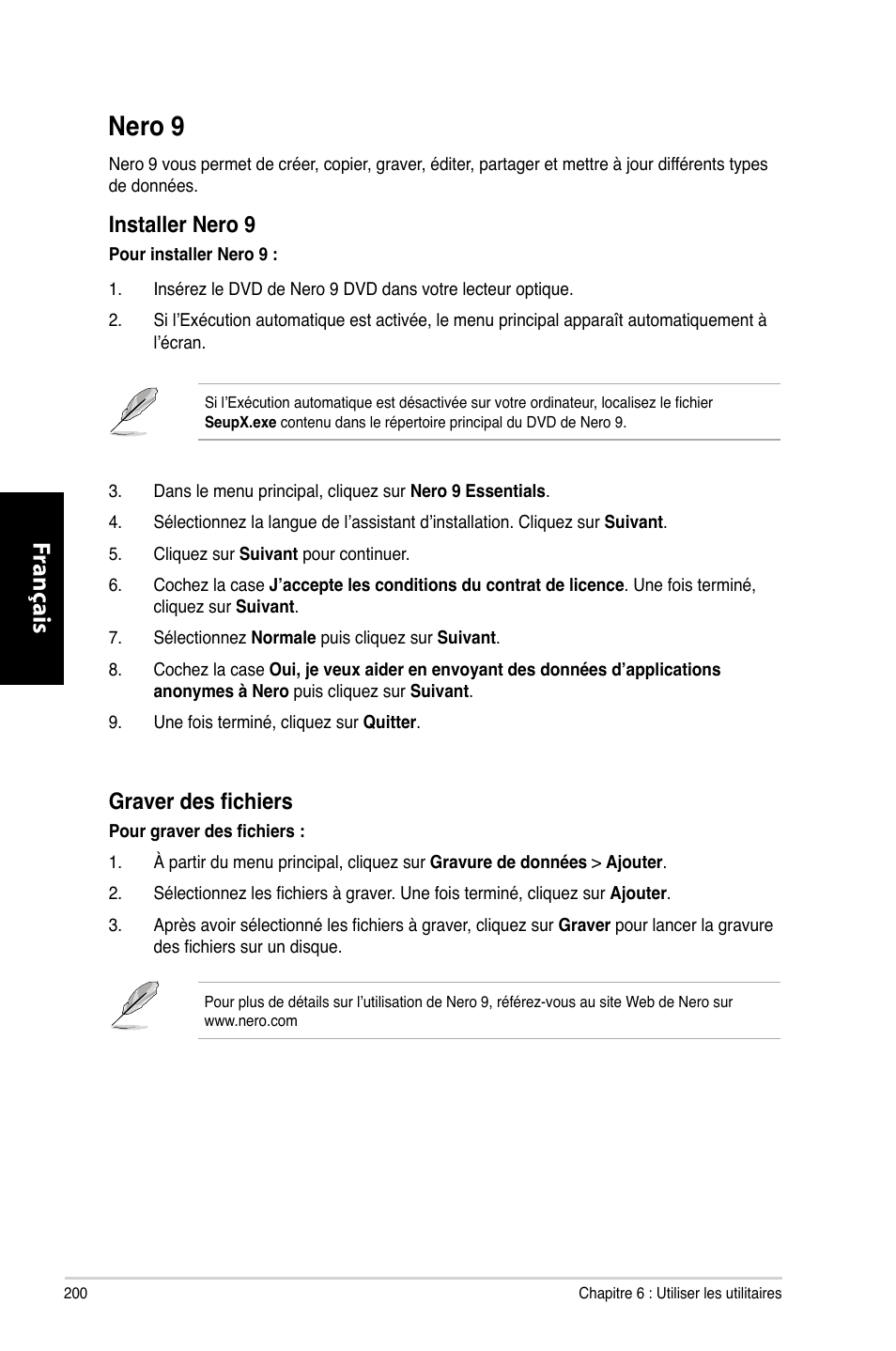 Nero 9, Nero.9, Fr ançais fr ançais fr ançais fr ançais | Graver des fichiers, Installer.nero.9 | Asus CM6330 User Manual | Page 202 / 494