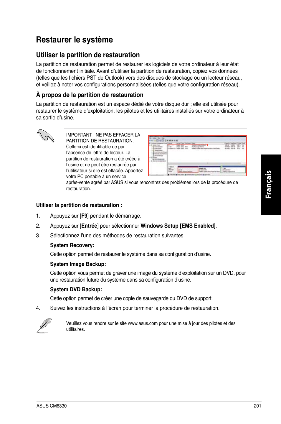 Restaurer le système, Restaurer.le.système, Fr ançais fr ançais | Utiliser.la.partition.de.restauration | Asus CM6330 User Manual | Page 203 / 494