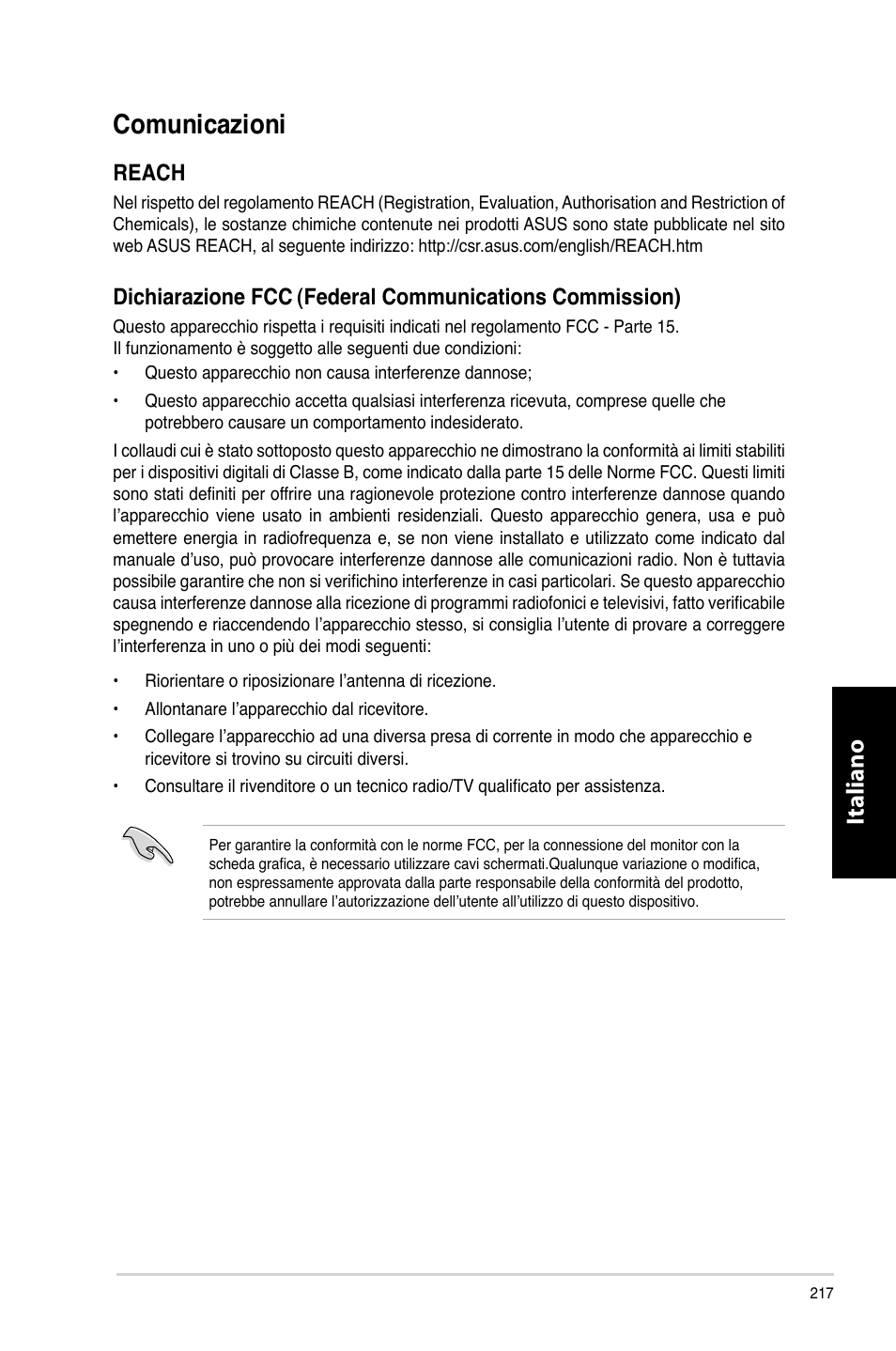 Comunicazioni, Italiano, Reach | Dichiarazione.fcc | Asus CM6330 User Manual | Page 219 / 494