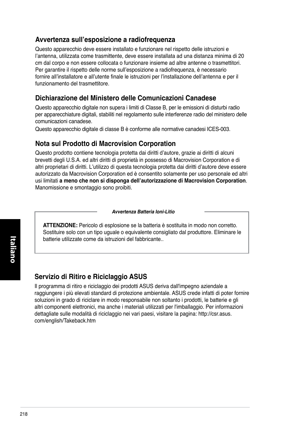 Italiano, Servizio.di.ritiro.e.riciclaggio.asus, Avvertenza.sull’esposizione.a.radiofrequenza | Nota.sul.prodotto.di.macrovision.corporation | Asus CM6330 User Manual | Page 220 / 494
