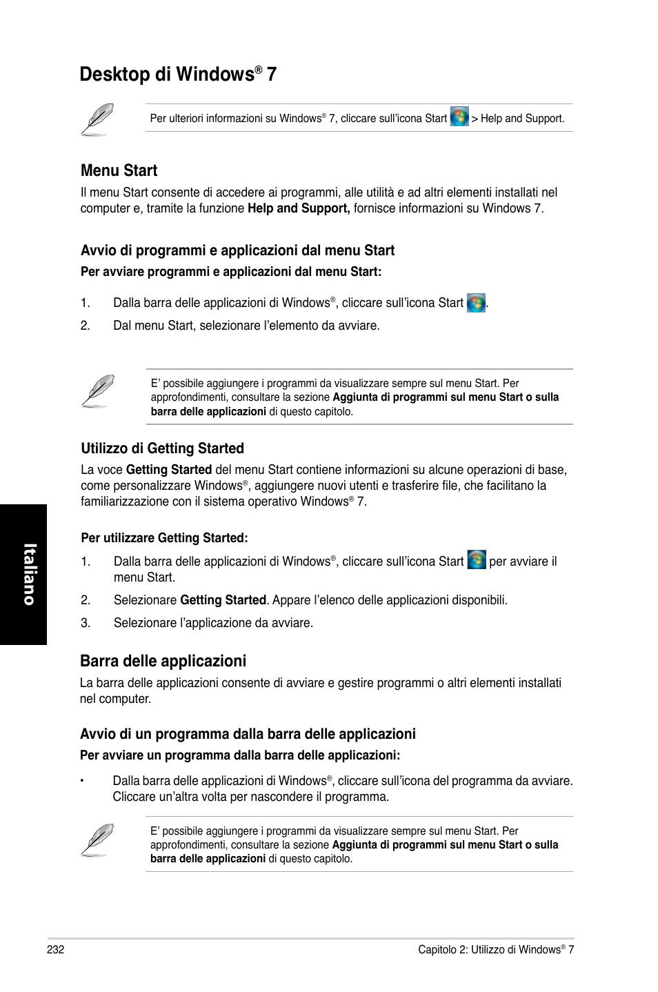 Desktop di windows® 7, Desktop di windows, Desktop.di.windows | Italiano, Menu.start, Barra.delle.applicazioni | Asus CM6330 User Manual | Page 234 / 494
