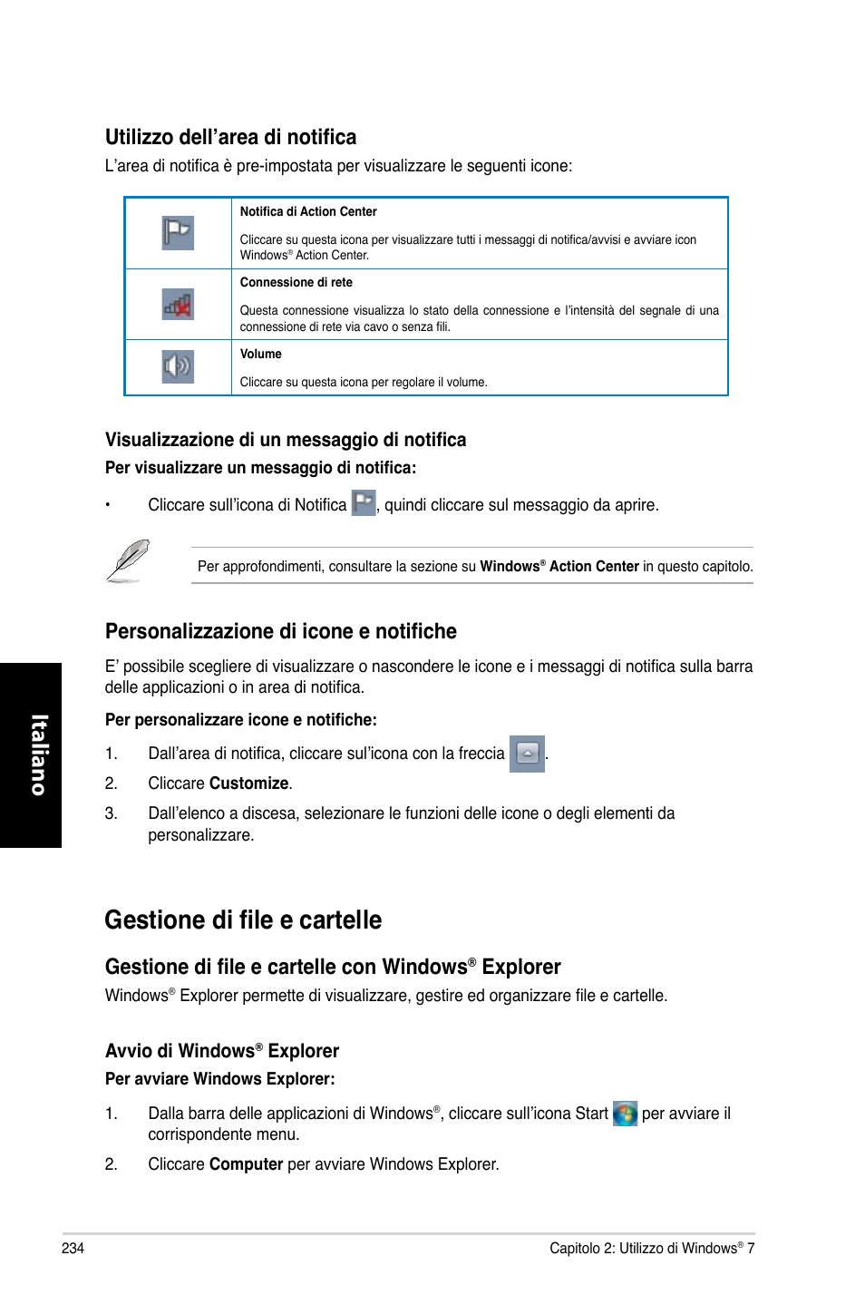 Gestione di file e cartelle, Italiano, Utilizzo dell’area di notifica | Personalizzazione di icone e notifiche, Gestione di file e cartelle con windows, Explorer | Asus CM6330 User Manual | Page 236 / 494