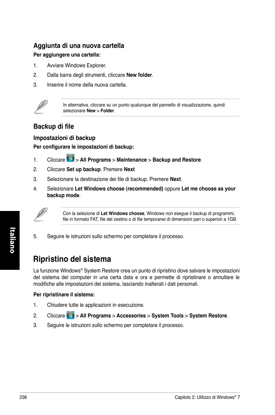 Ripristino del sistema, Ripristino.del.sistema, Italiano | Aggiunta.di.una.nuova.cartella, Backup di file | Asus CM6330 User Manual | Page 238 / 494