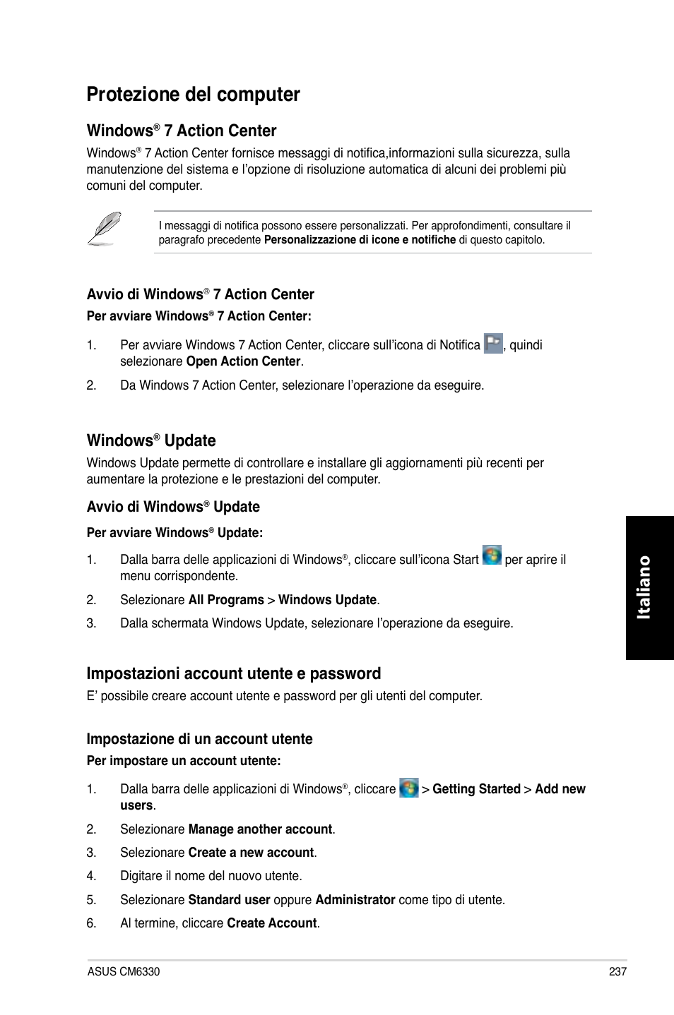 Protezione del computer, Italiano, Windows | Action.center, Update, Impostazioni.account.utente.e.password | Asus CM6330 User Manual | Page 239 / 494