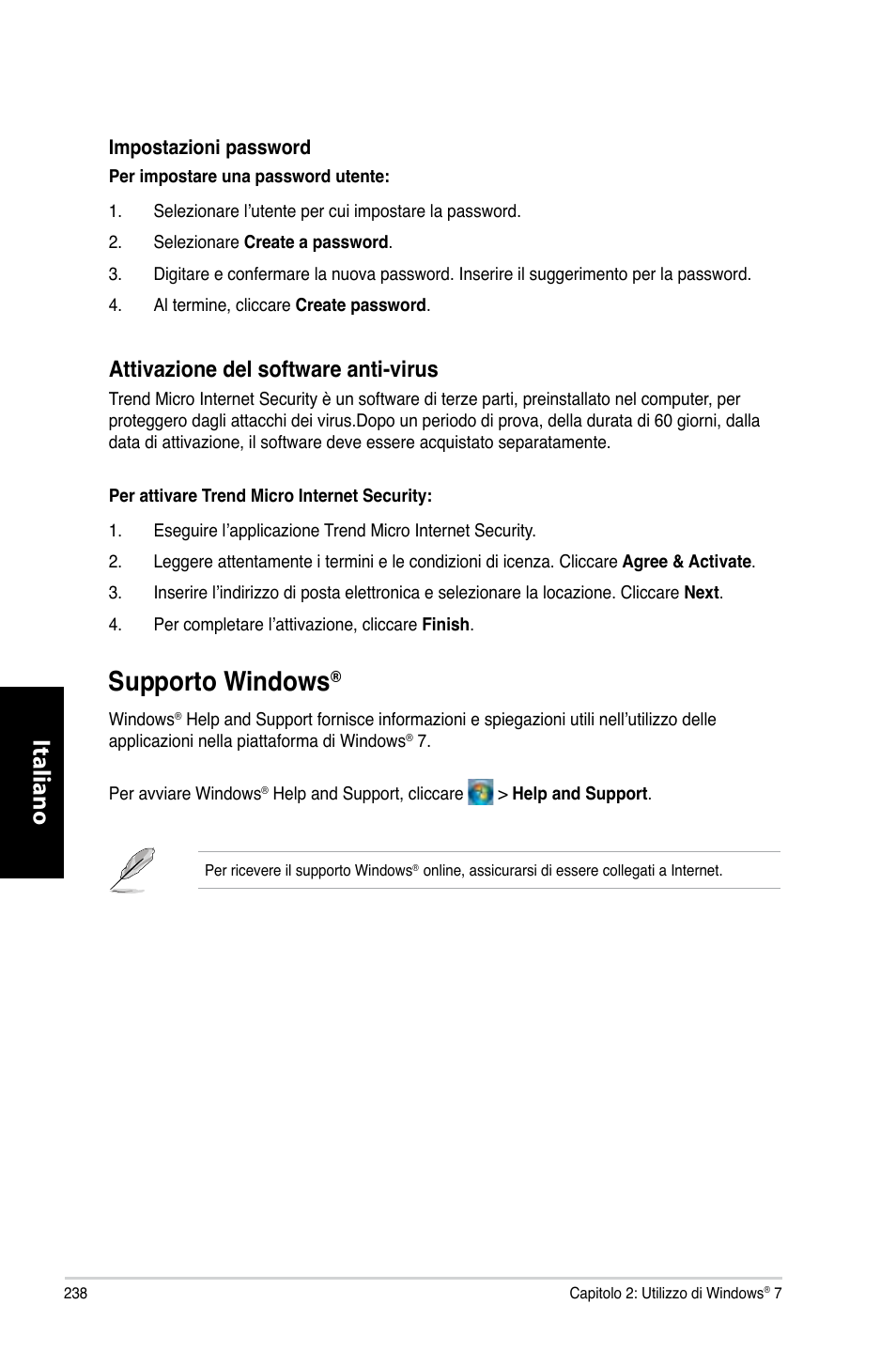 Supporto windows, Supporto.windows, Italiano | Attivazione.del.software.anti-virus | Asus CM6330 User Manual | Page 240 / 494