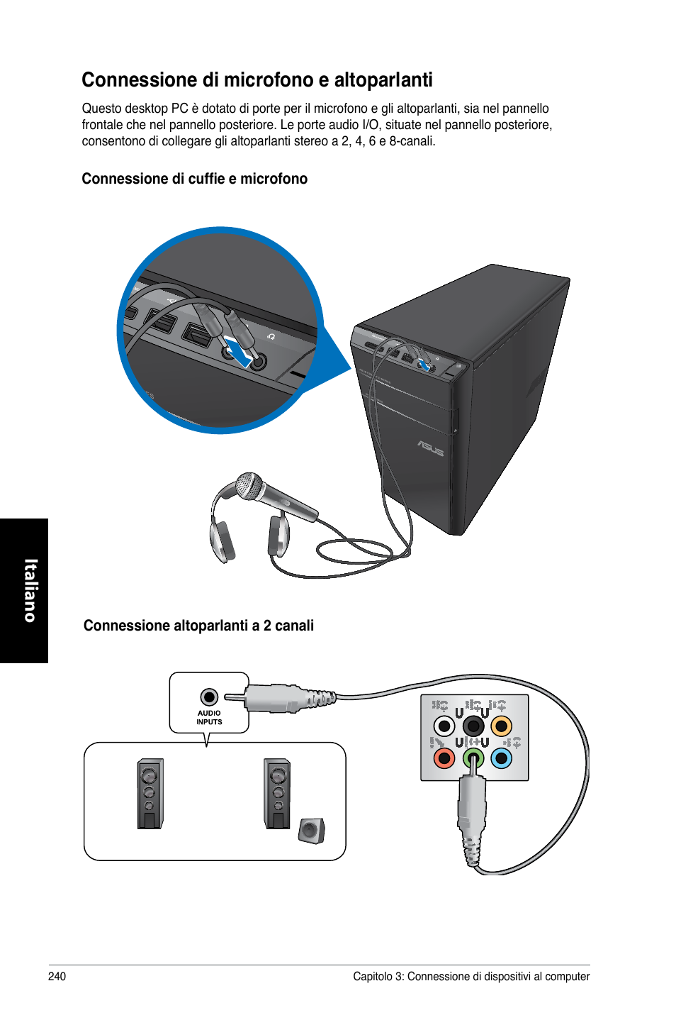 Connessione di microfono e altoparlanti, Connessione.di.microfono.e.altoparlanti, Italiano | Asus CM6330 User Manual | Page 242 / 494
