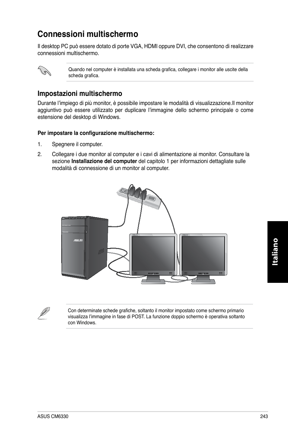 Connessioni multischermo, Connessioni.multischermo, Italiano | Impostazioni.multischermo | Asus CM6330 User Manual | Page 245 / 494