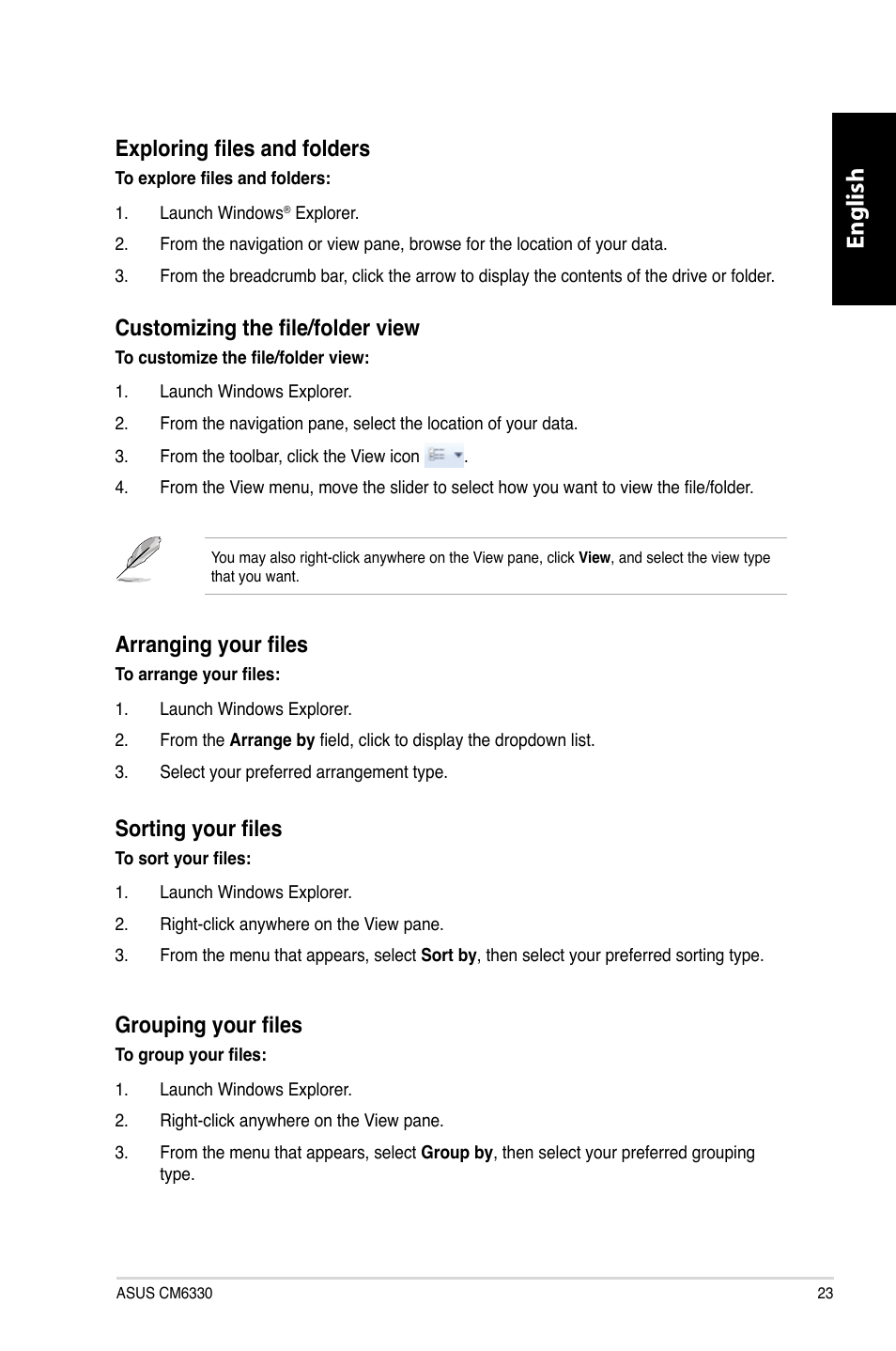 English, Exploring files and folders, Customizing the file/folder view | Arranging your files, Sorting your files, Grouping your files | Asus CM6330 User Manual | Page 25 / 494