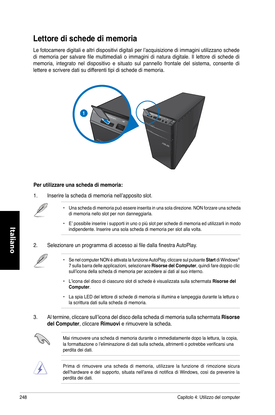 Lettore di schede di memoria, Italiano | Asus CM6330 User Manual | Page 250 / 494