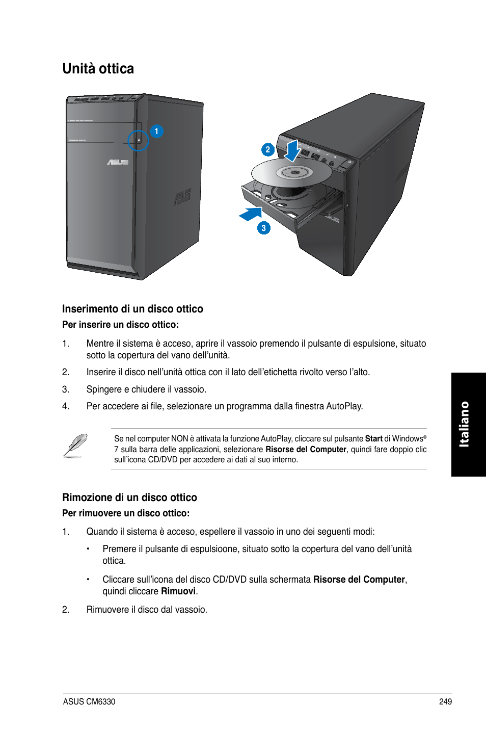 Unità ottica, Unità.ottica, Italiano | Asus CM6330 User Manual | Page 251 / 494