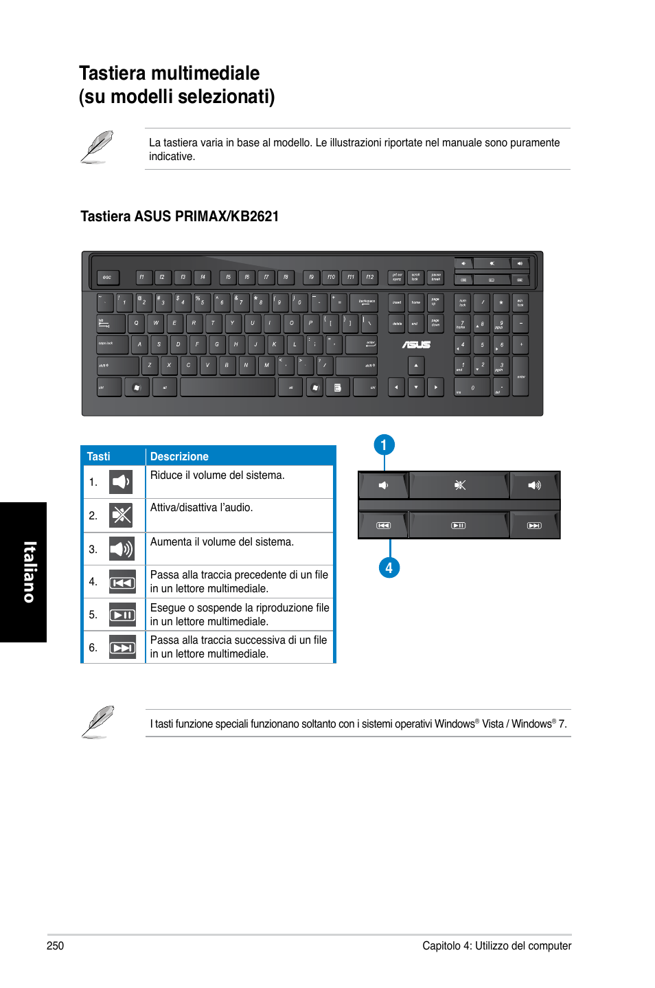 Tastiera multimediale (su modelli selezionati), Tastiera.multimediale.. �su.modelli.selezionati, Italiano | Asus CM6330 User Manual | Page 252 / 494