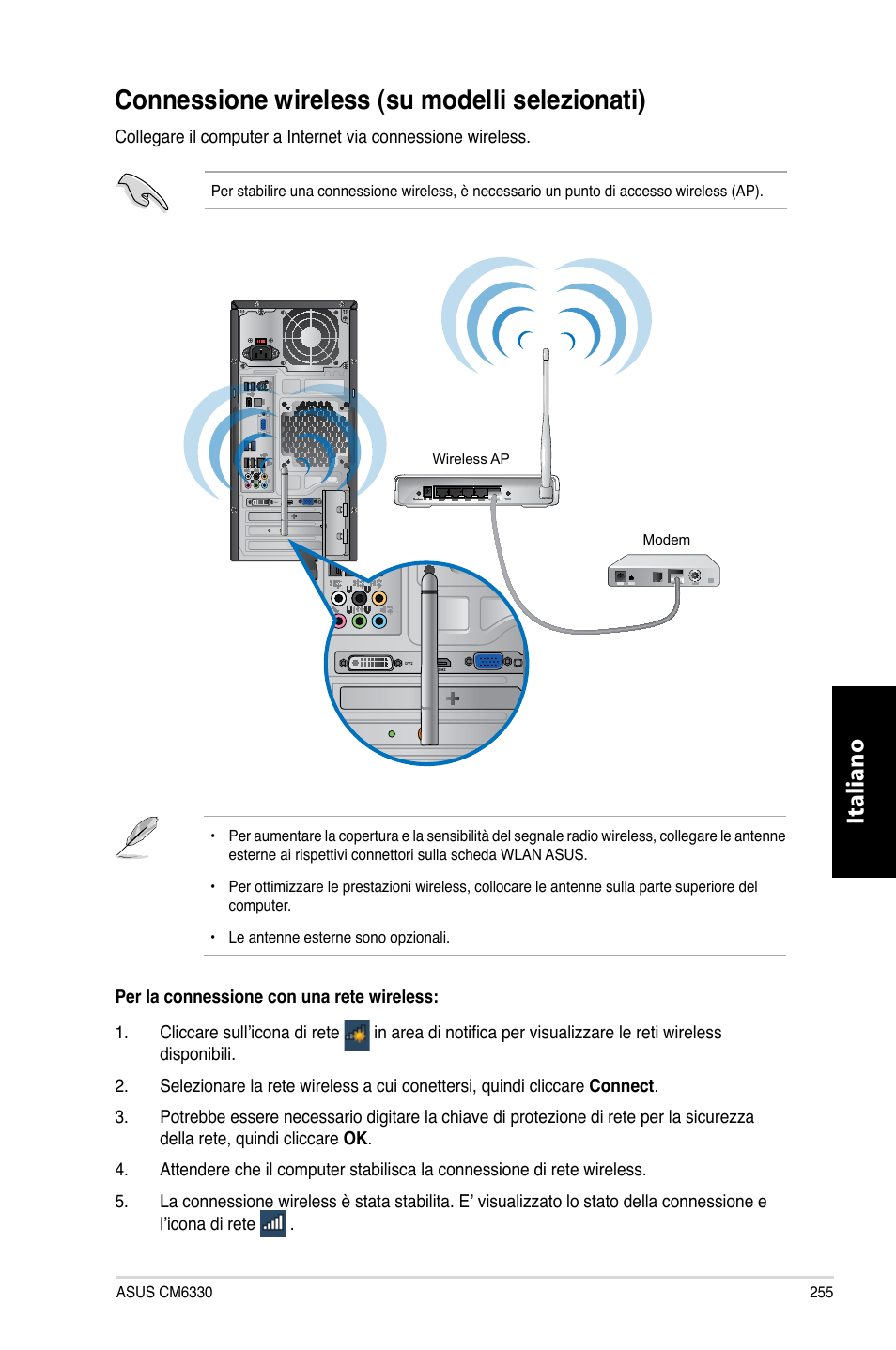 Connessione wireless (su modelli selezionati), Connessione.wireless.�su.modelli.selezionati, Italiano | Asus CM6330 User Manual | Page 257 / 494
