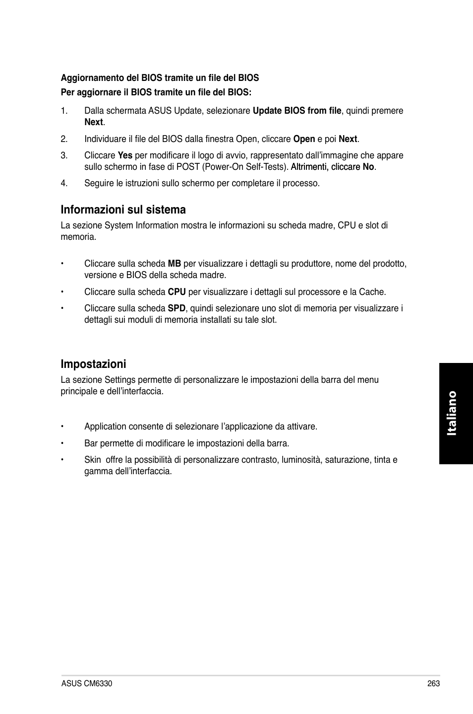 Italiano, Informazioni.sul.sistema, Impostazioni | Asus CM6330 User Manual | Page 265 / 494