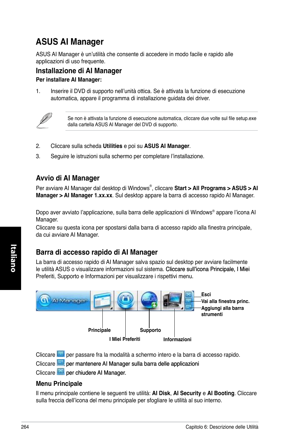 Asus ai manager, Asus.ai.manager, Italiano | Installazione.di.ai.manager, Avvio.di.ai.manager, Barra.di.accesso.rapido.di.ai.manager | Asus CM6330 User Manual | Page 266 / 494