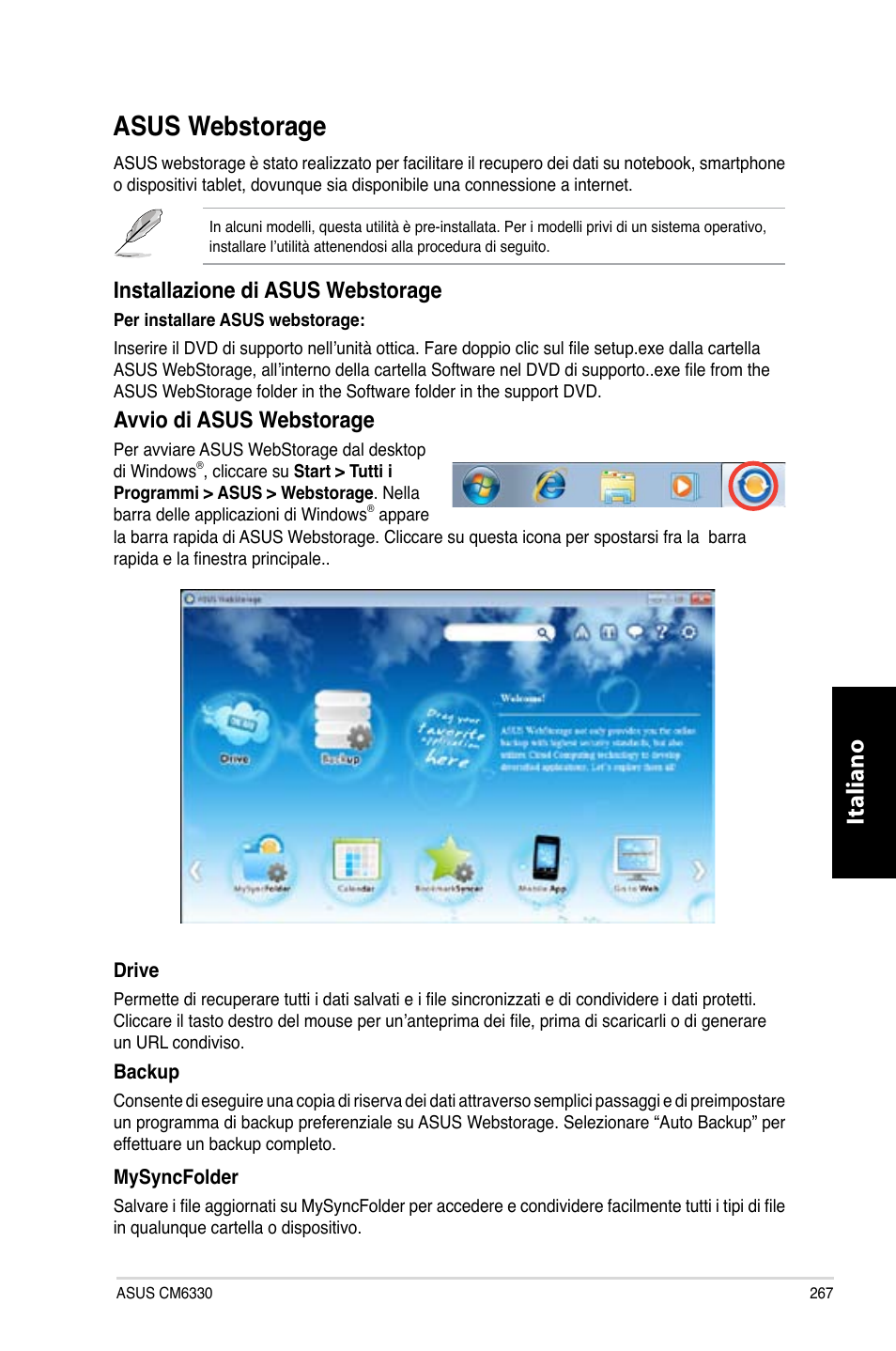 Asus webstorage, Asus.webstorage, Italiano | Installazione.di.asus.webstorage, Avvio.di.asus.webstorage | Asus CM6330 User Manual | Page 269 / 494