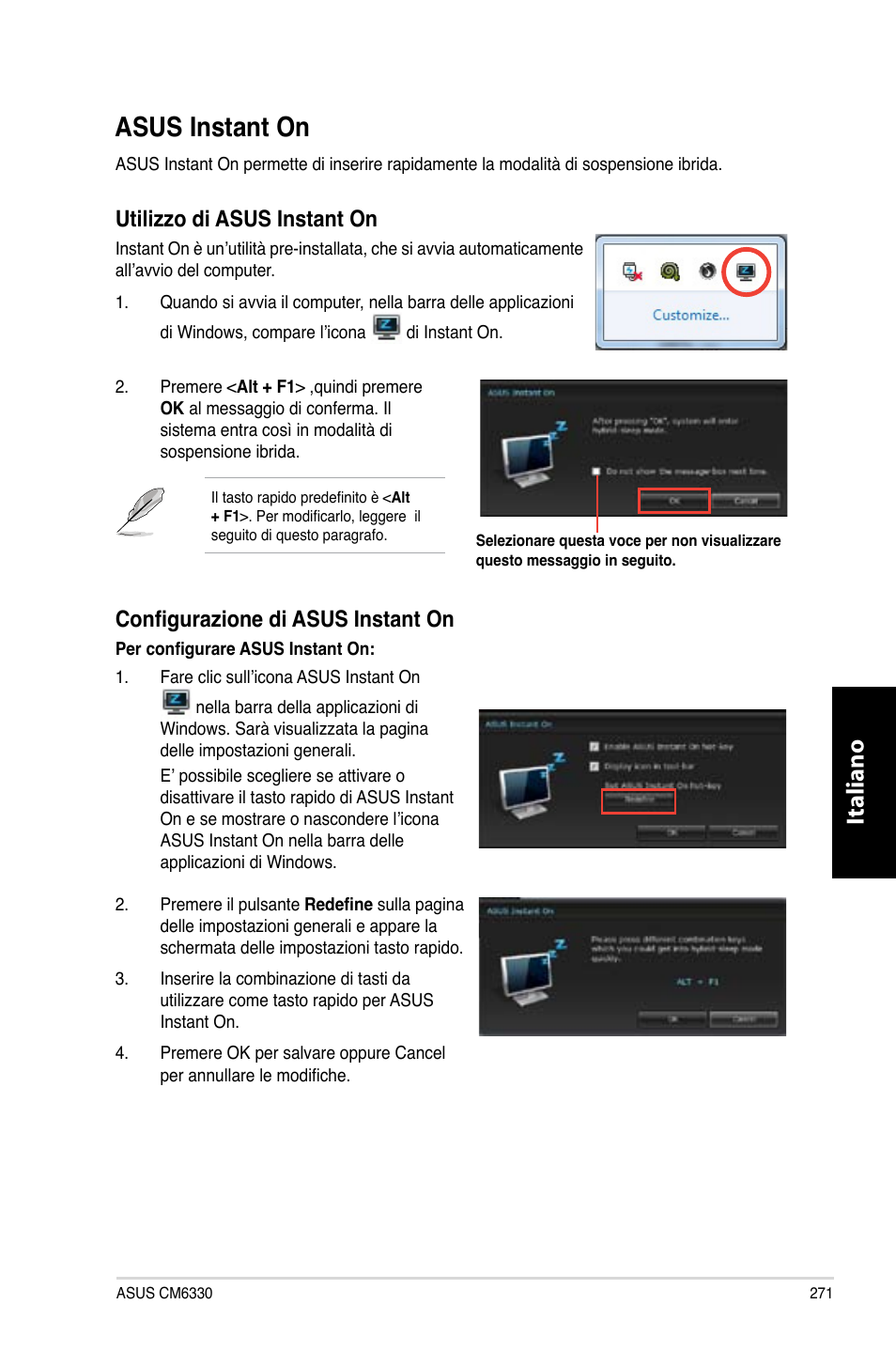 Asus instant on, Asus.instant.on, Italiano | Utilizzo.di.asus.instant.on, Configurazione di asus instant on | Asus CM6330 User Manual | Page 273 / 494