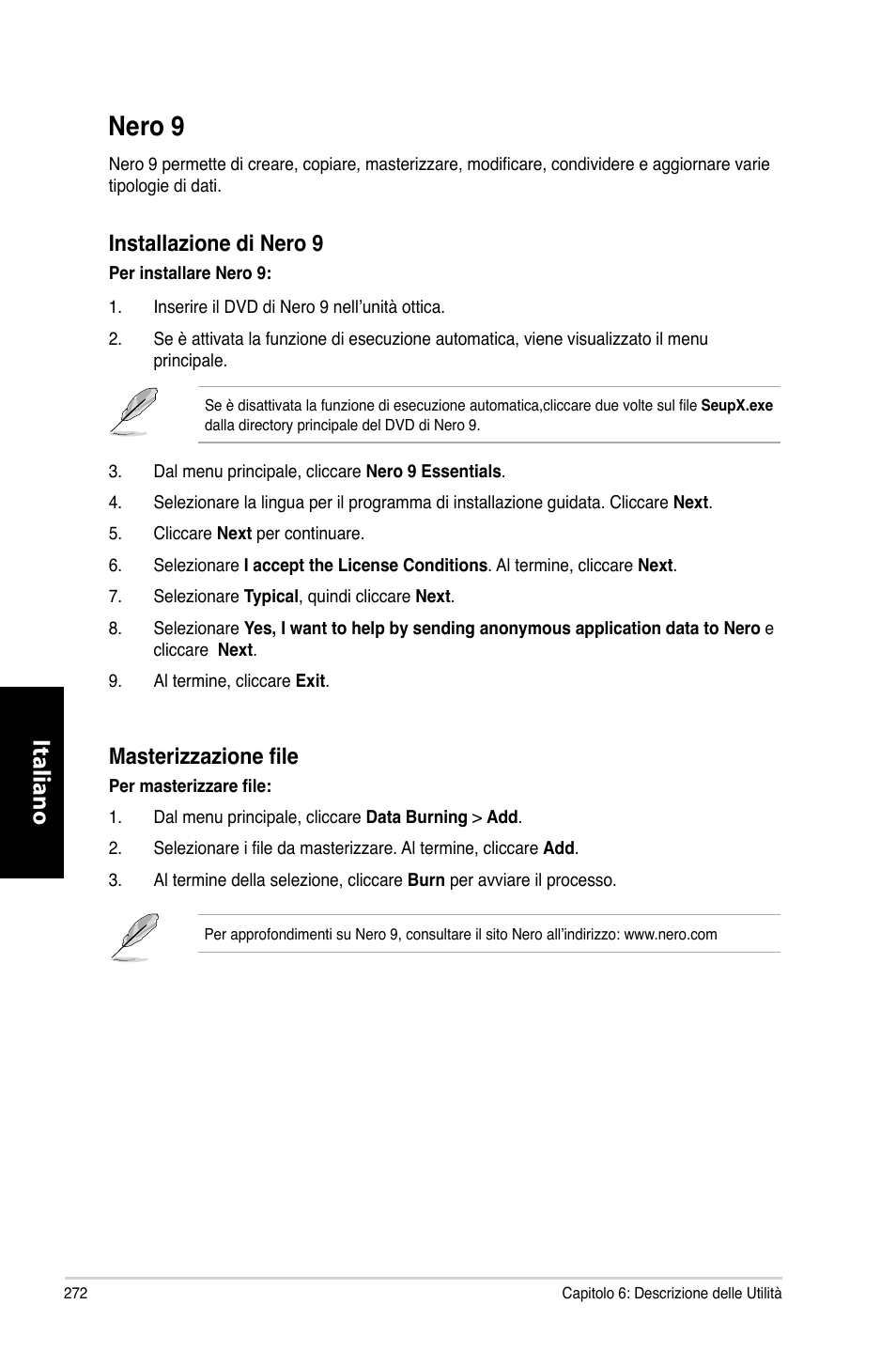 Nero 9, Nero.9, Italiano | Installazione.di.nero.9, Masterizzazione file | Asus CM6330 User Manual | Page 274 / 494