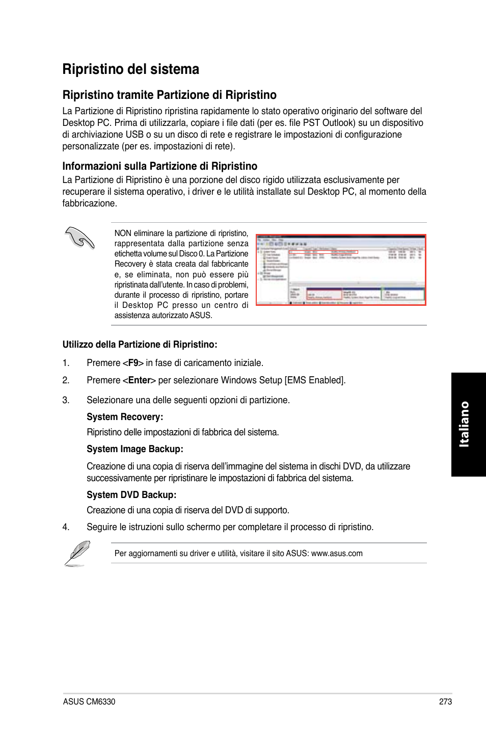 Ripristino del sistema, Ripristino.del.sistema, Italiano | Ripristino.tramite.partizione.di.ripristino | Asus CM6330 User Manual | Page 275 / 494
