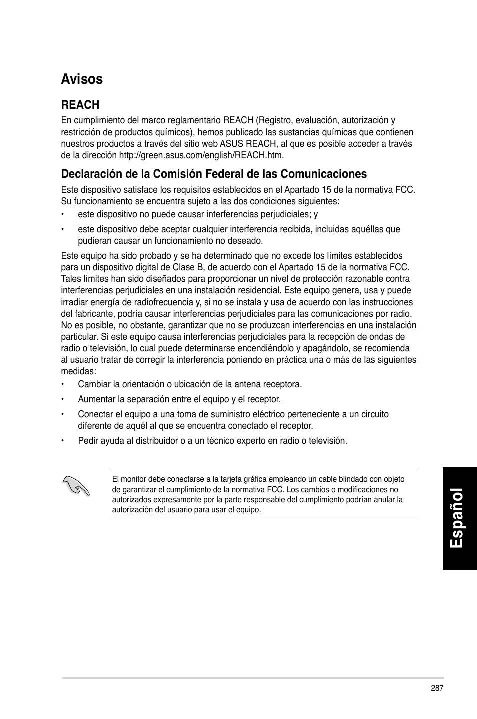 Avisos, Es pa ño l es pa ño l es pa ño l es pa ño l | Asus CM6330 User Manual | Page 289 / 494