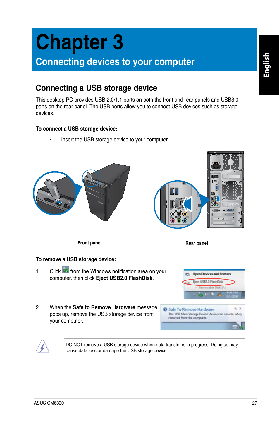 Chapter 3, Connecting devices to your computer, Connecting a usb storage device | Chapter.3, Connecting.devices.to.your.computer, English | Asus CM6330 User Manual | Page 29 / 494