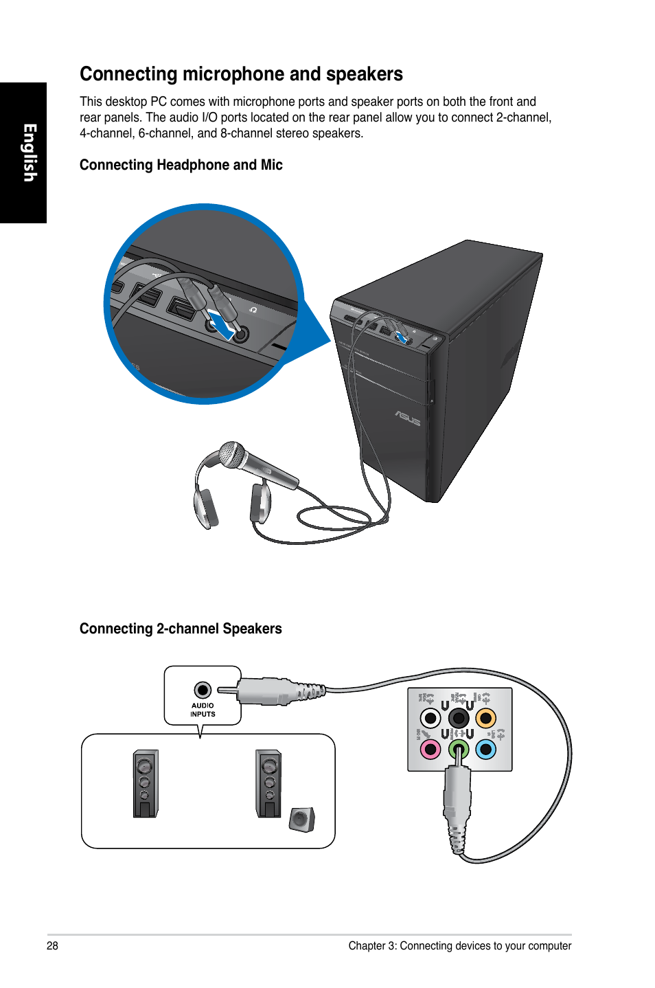 Connecting microphone and speakers, Connecting.microphone.and.speakers, English | Asus CM6330 User Manual | Page 30 / 494