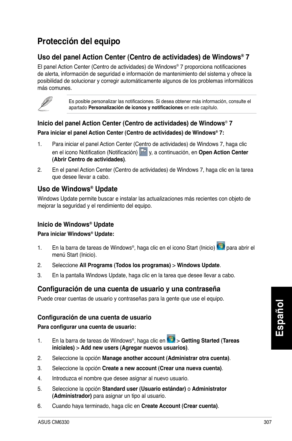 Protección del equipo, Es pa ño l es pa ño l, Protección.del.equipo | Asus CM6330 User Manual | Page 309 / 494