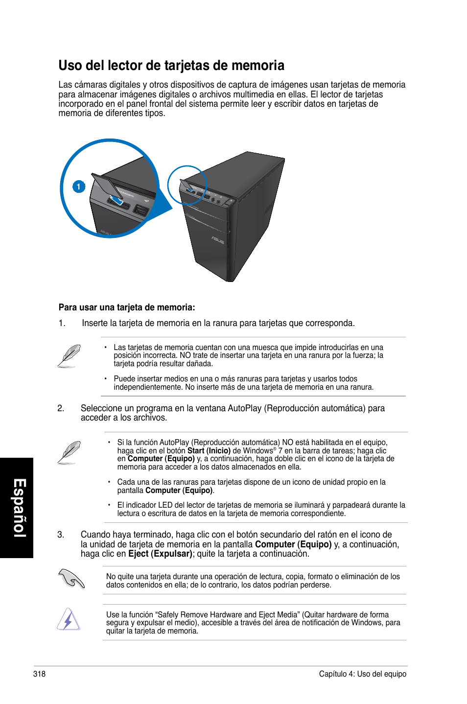 Uso del lector de tarjetas de memoria, Es pa ño l es pa ño l es pa ño l es pa ño l | Asus CM6330 User Manual | Page 320 / 494