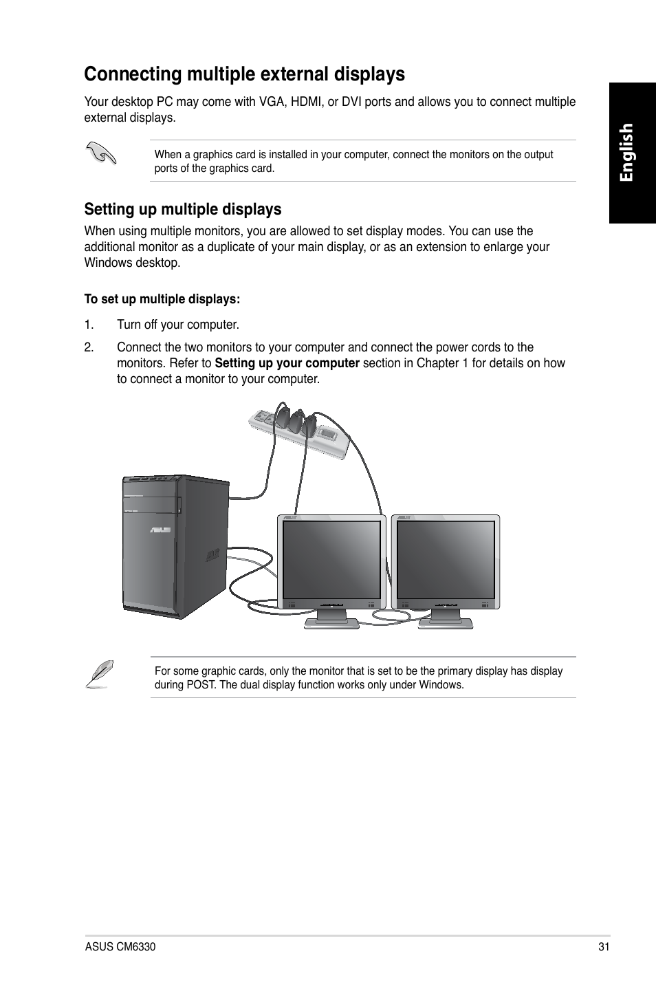 Connecting multiple external displays, Connecting.multiple.external.displays, English | Setting.up.multiple.displays | Asus CM6330 User Manual | Page 33 / 494