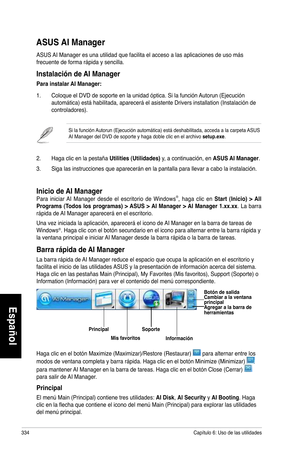 Asus ai manager, Es pa ño l es pa ño l es pa ño l es pa ño l, Asus.ai.manager | Asus CM6330 User Manual | Page 336 / 494