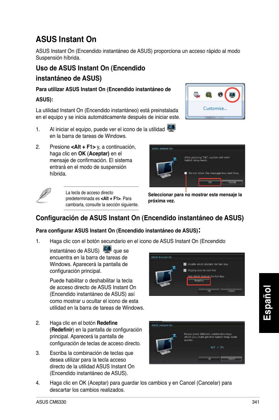 Asus instant on, Es pa ño l es pa ño l, Asus.instant.on | Asus CM6330 User Manual | Page 343 / 494