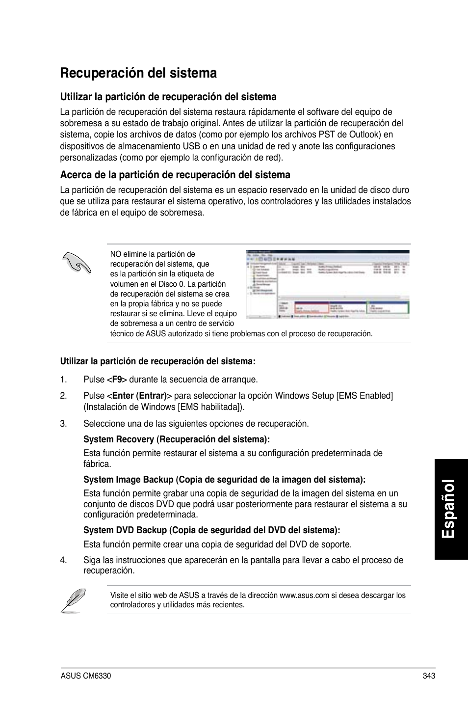 Recuperación del sistema, Es pa ño l es pa ño l, Recuperación.del.sistema | Asus CM6330 User Manual | Page 345 / 494